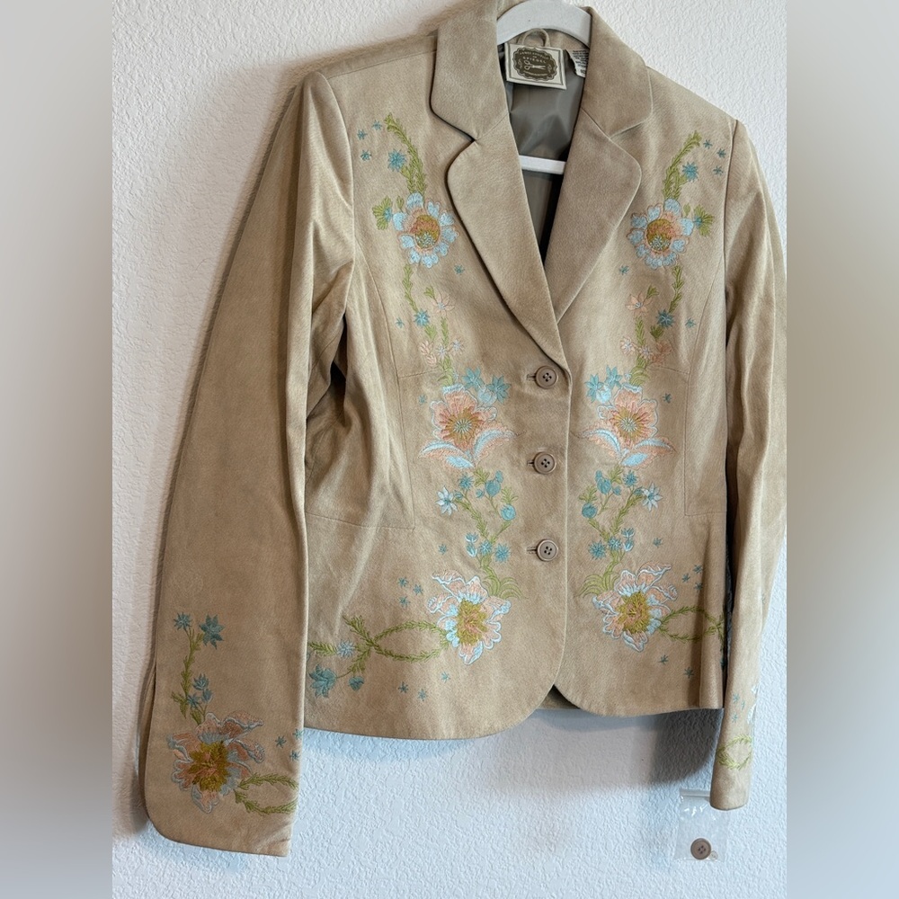 🆕 PTP 20” James C. for Spiegel 💛Embroidered Suede Leather Blazer | Size 12 | - Picture 1 of 16